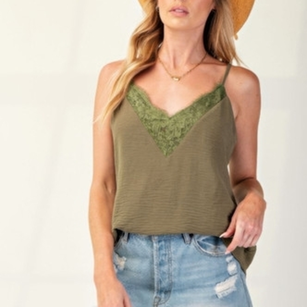 Olive Green Lace Trim Cami Top - Picture 1 of 5